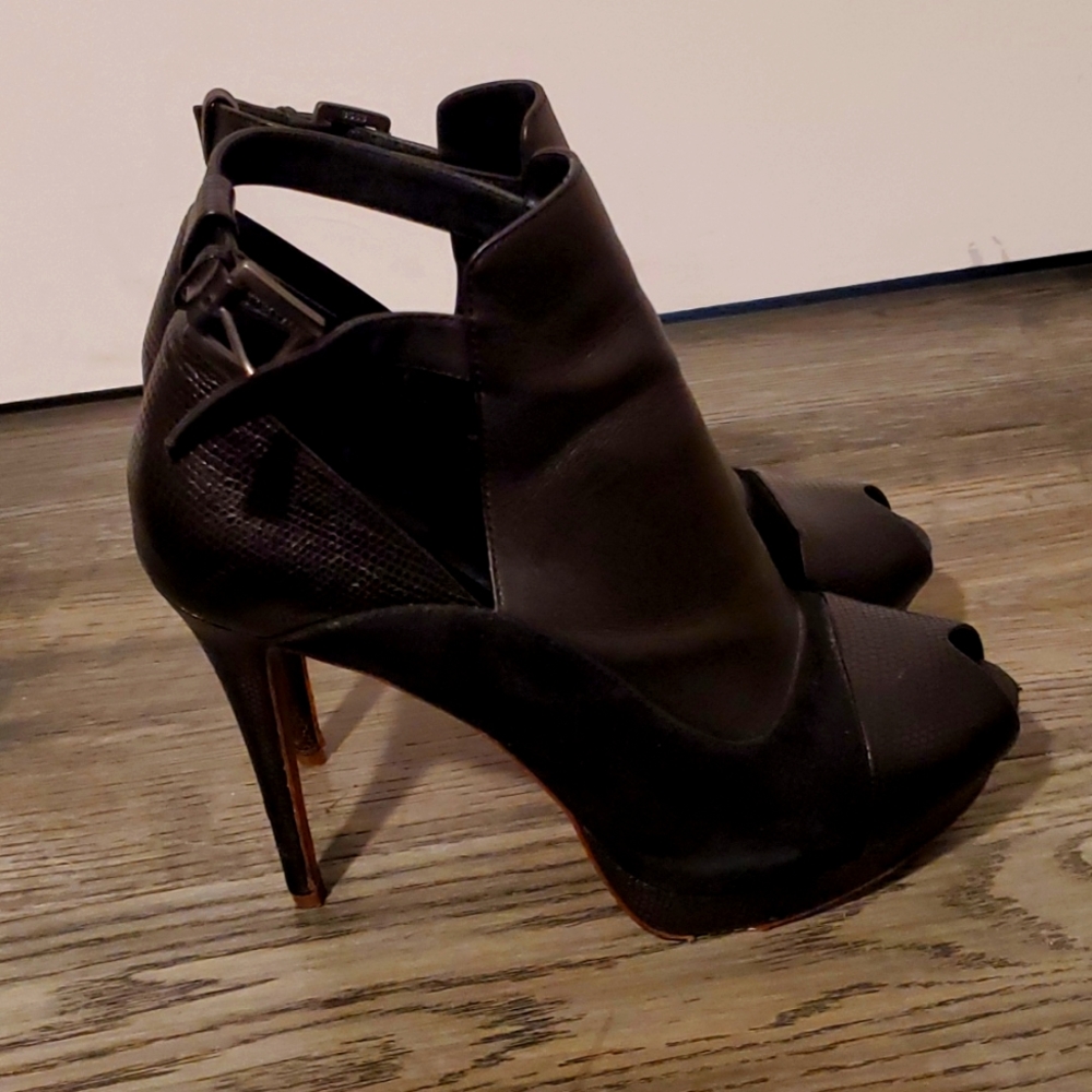 Elie Tahari Peep Toe Bootie Suede Croc Leather